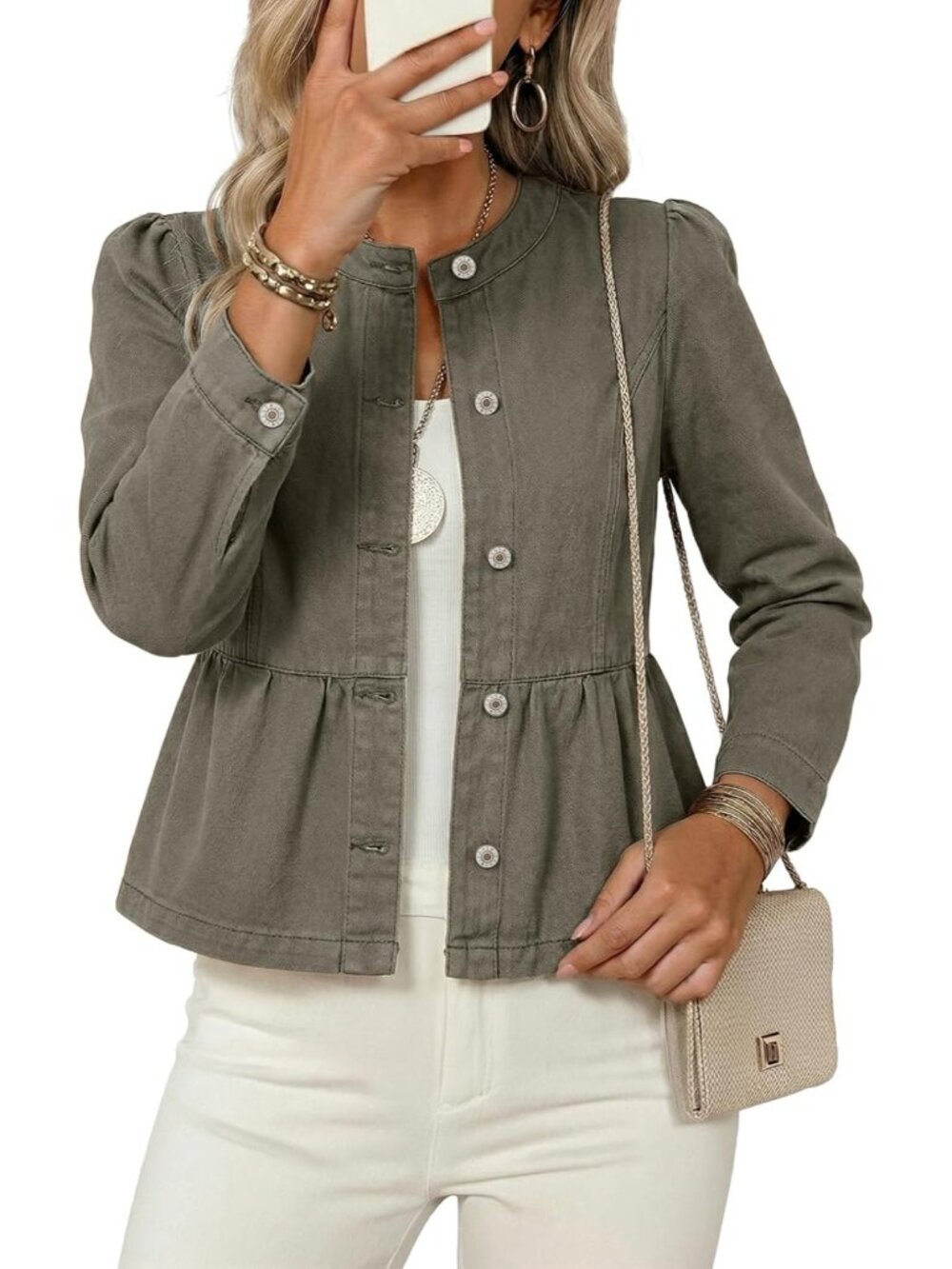 Women's Green Long Sleeve Button Down Cropped Waist Denim Jeans Jacket